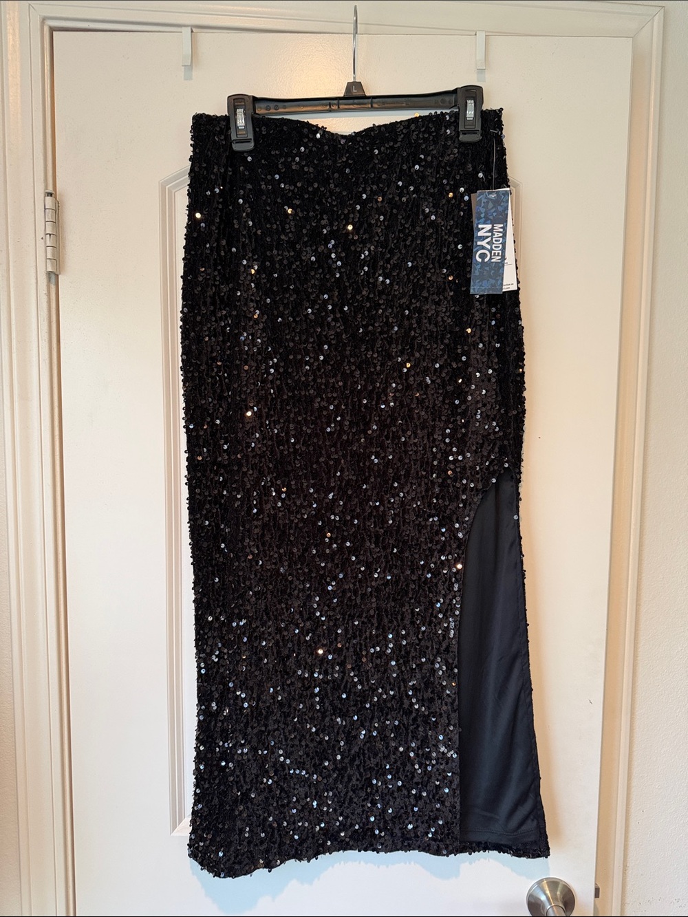 Madison NYC Black Sequin Side-Slit Midi Skirt